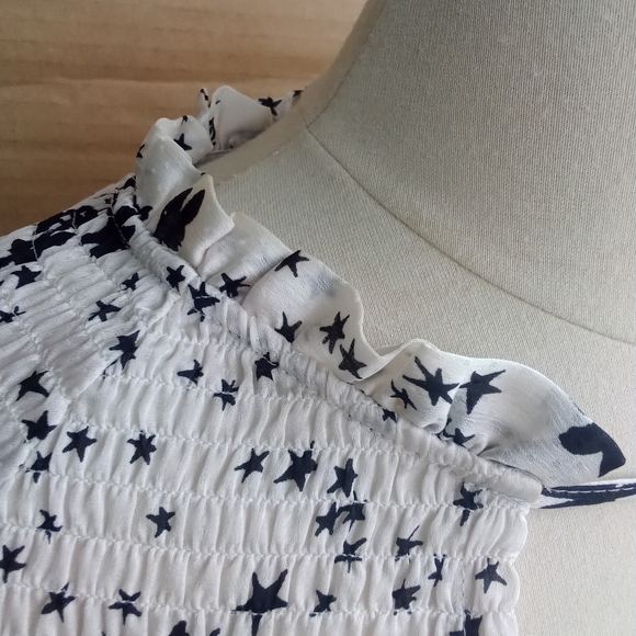 Zara Ruched Blouse White & Black Floral Stars Pattern Front Tie Balloon Sleeve - Picture 7 of 16